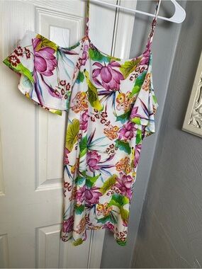 La Blanca Bora Bora Cover Up Dress Large Cold Shoulder Tropical 100% Viscose